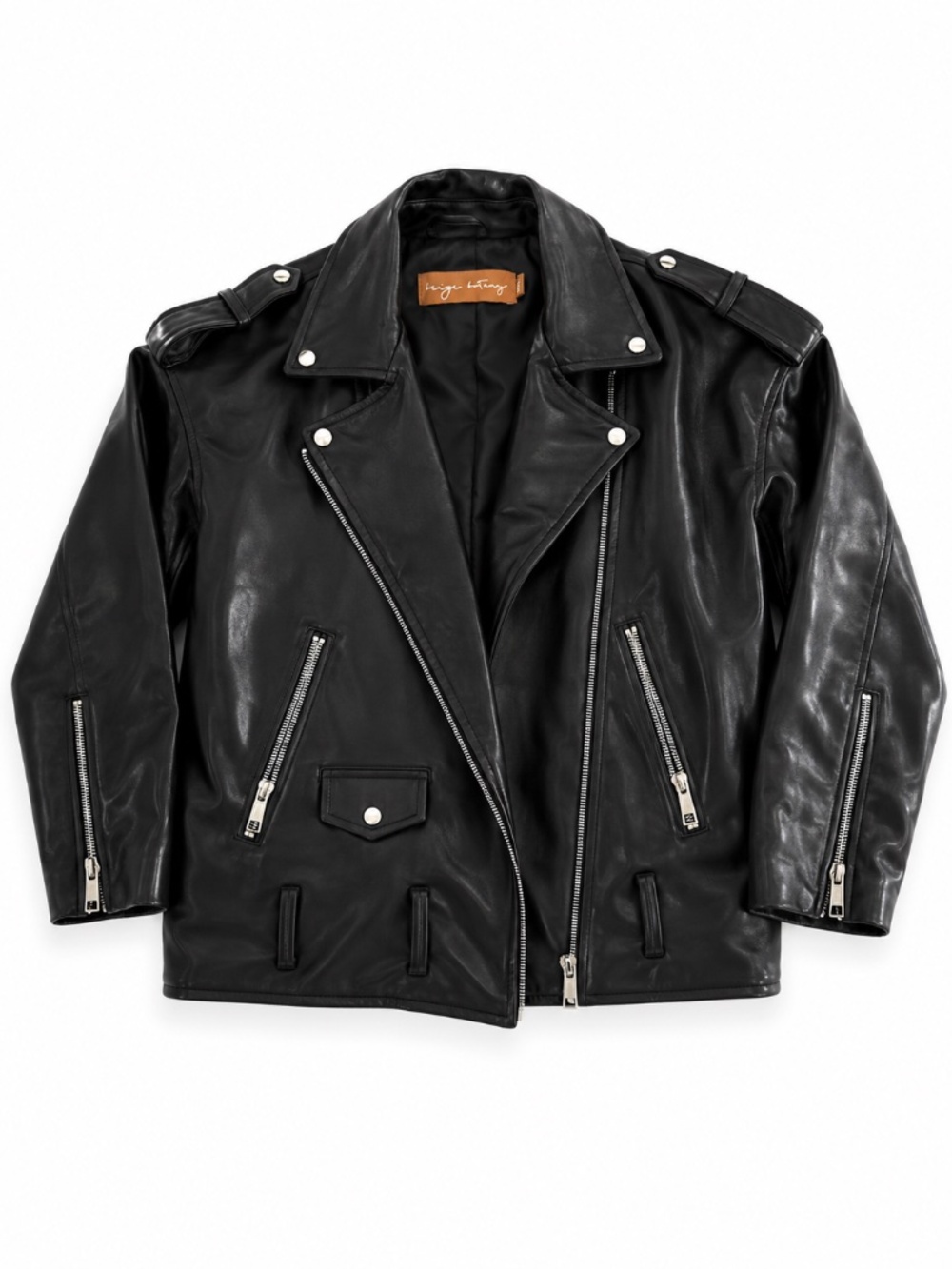 Beige Botany - Black Faux Leather Moto Jacket | Women's | Silver Hardware